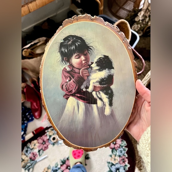 Vintage decoupage girl and her dog wooden wall hanging wall decor - Picture 2 of 6